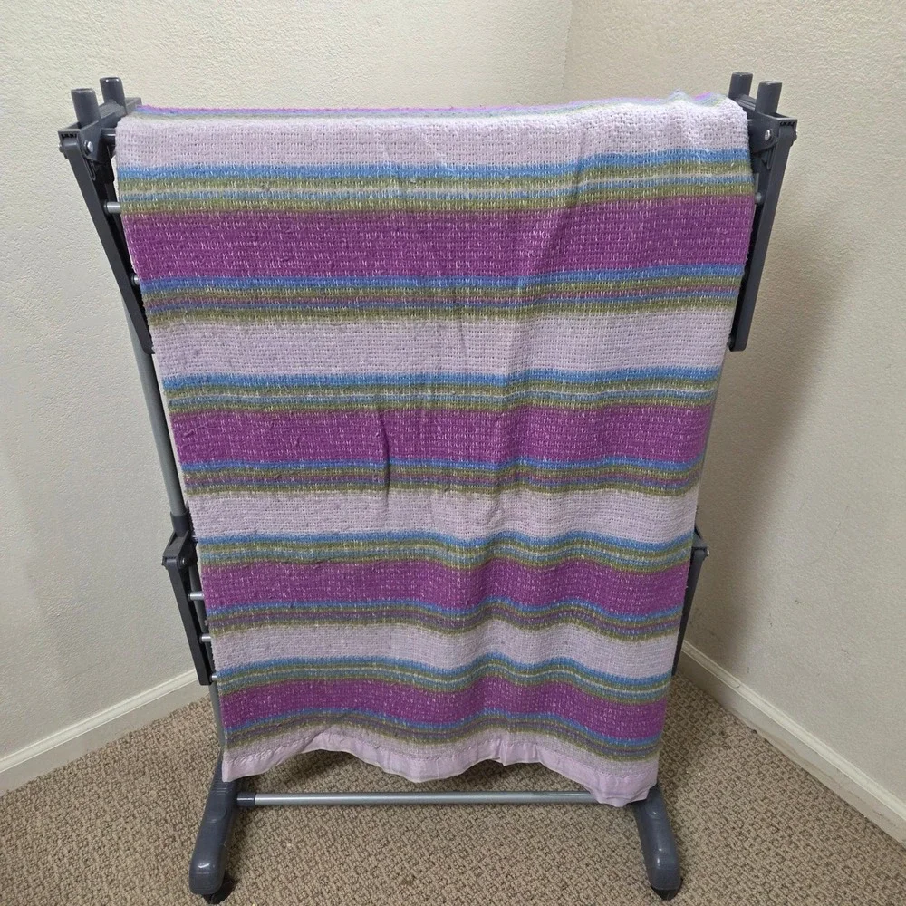 Vintage Woven Striped Thermal Blanket Purple Pink Blue Green Satin Trim 70x80